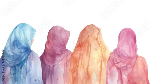 Watercolor painting of a group of muslim women wearing hijab isolated on transparent background. View from back.
