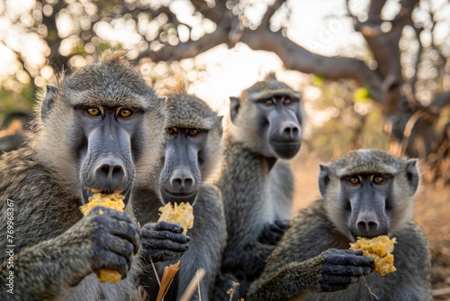 Four monkeys are eating food in a forest