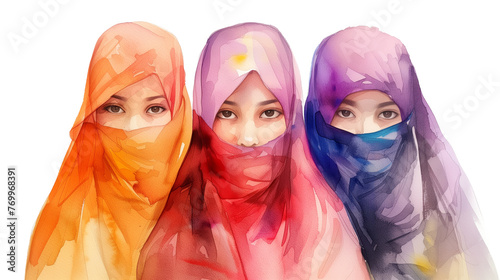 Watercolor painting of a group of muslim women wearing hijab isolated on transparent background. Girls with hiden faces portrait.
