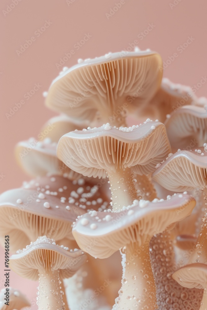 Light beige mushrooms in a pink background. Close up. Pastel colors. Organic and natural banner. Soft texture. Light beige mushrooms in a pink background. Close up. Pastel colors. Organic and natural banner. Soft texture.