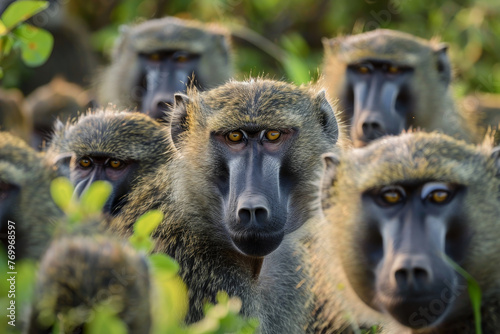 A group of baboons are standing in a forest