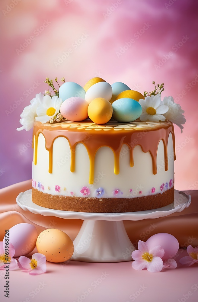 Easter chocolate cake, decor with Easter eggs and flowers. Pink clouds in the background