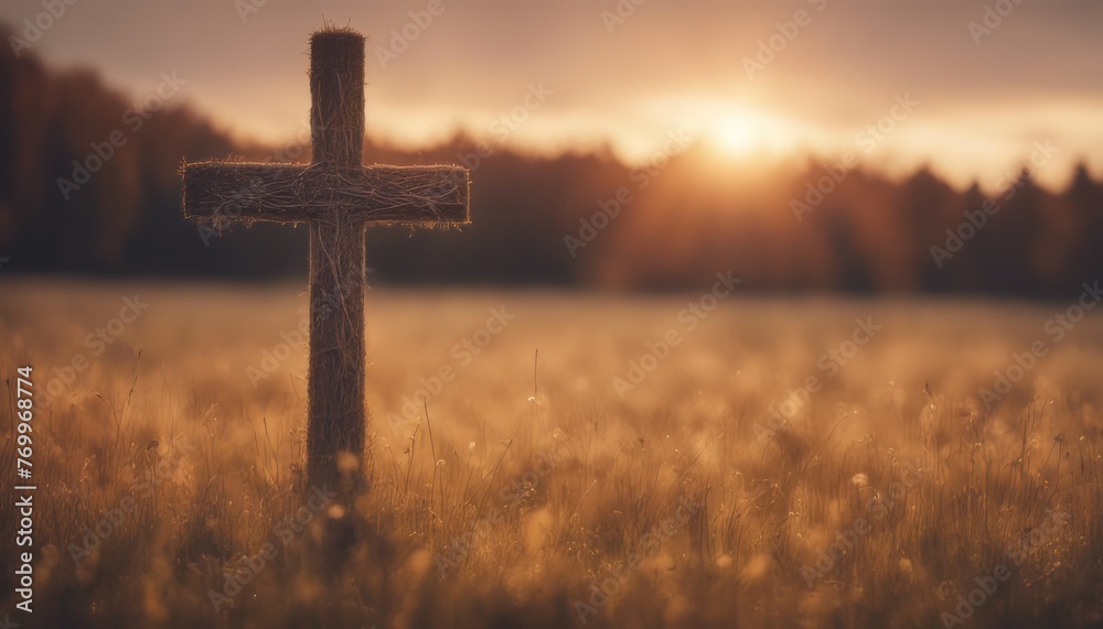 The cross on meadow autumn sunrise background The cross on meadow autumn sunrise background