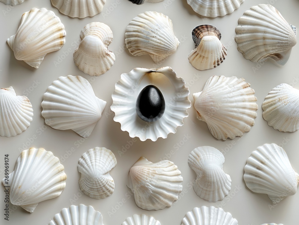 featuring white seashells with one black pearl in the middle - Rarity and contrast - Clean and simple background - Creative and symbolic style of photography & artistic drawing lighting