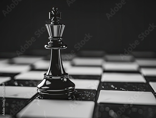 a white chessboard with one black king standing alone in the center - Strategy and contrast - Clean and simple background - Creative and symbolic style of photography & artistic drawing photo