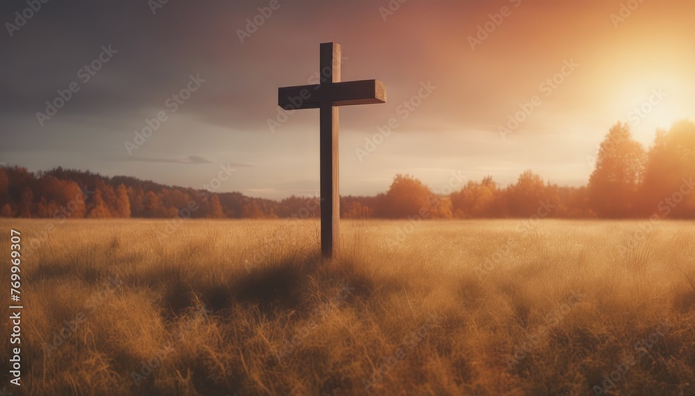 The cross on meadow autumn sunrise background The cross on meadow autumn sunrise background