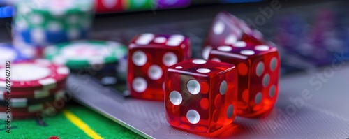 Online bet concept. Red dices on casino games. banner