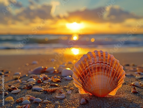 Showcase a lone seashell on a crowded beach - Calm and solitary - Sunset with warm golden tones - Wide-angle shot with golden hour lighting