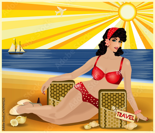 Travel Pinup girl with bag, greeting card, vector illustration