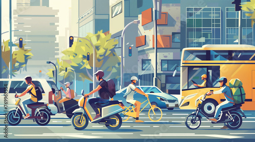 Busy urban street filled with different modes of transportation and delivery drivers