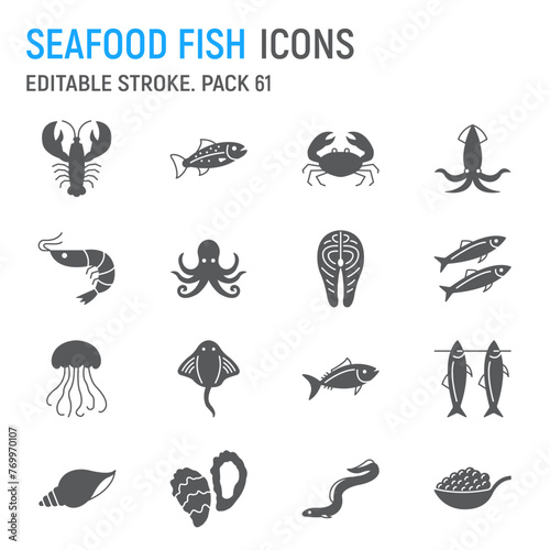Seafood and fish glyph icon set, sea animals collection, vector graphics, logo illustrations, ocean animals vector icons, seafood and fish signs, solid pictograms, editable stroke