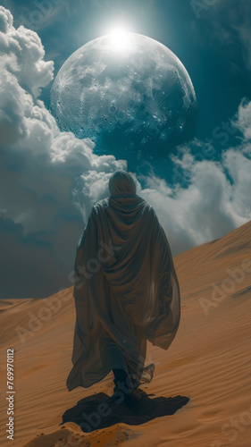 behind of An elderly Suffi man from ancient Islamic times , walking in the sand dune ,generative ai photo