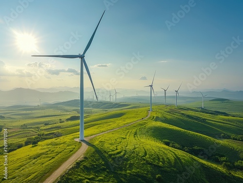 Highlight a single wind turbine in a field of turbines - Sustainable and modern - Clear blue sky with sunlight - Aerial shot with leading lines