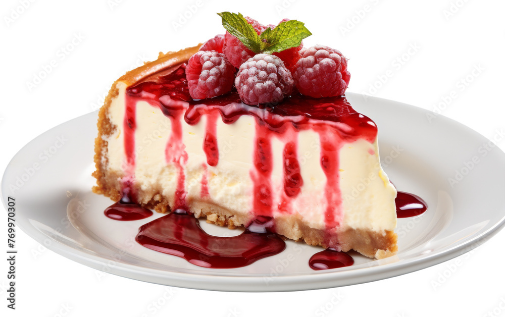 Rich cheesecake topped with plump raspberries in a mouth-watering presentation Rich cheesecake topped with plump raspberries in a mouth-watering presentation