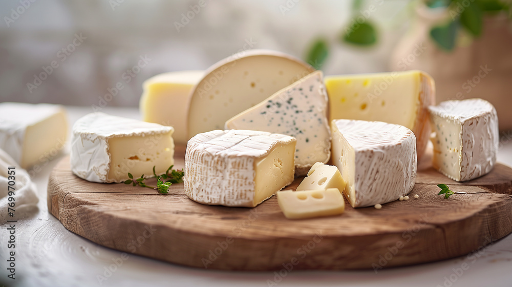 Assorted Cheese Selection on Wooden Board