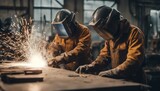The two handymen performing welding and grinding at their workplace in the workshop, while the spark