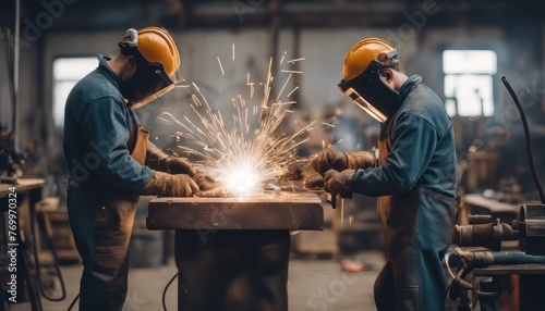 The two handymen performing welding and grinding at their workplace in the workshop, while the spark