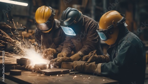 The two handymen performing welding and grinding at their workplace in the workshop, while the spark photo