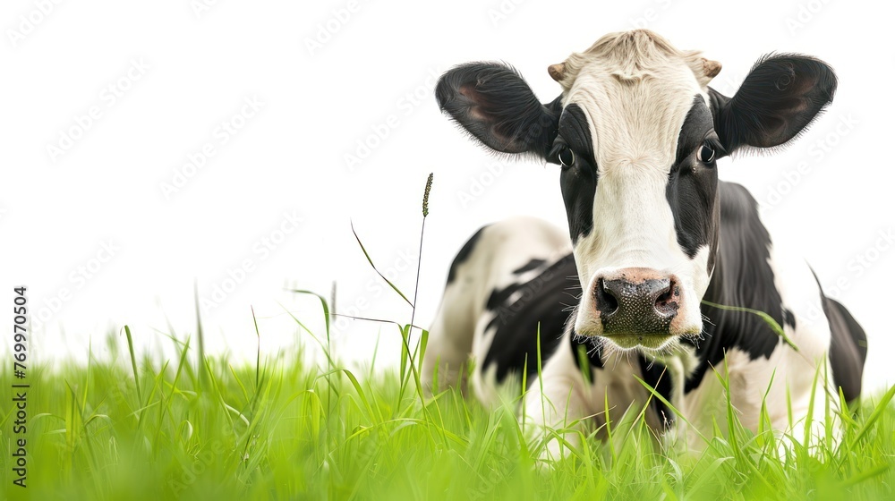 dairy cows in field on rural farm, ,Farm Black and white cow standing and eating grass on green pasture, - obrazy, fototapety, plakaty 