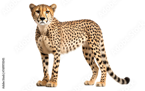 Majestic cheetah standing confidently before a clean white backdrop