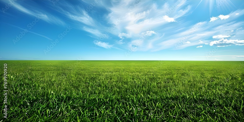 Vibrant green grass field under a clear blue sky neatly trimmed creating a beautiful texture. Concept Nature, Landscape, Grass, Field, Sky Vibrant green grass field under a clear blue sky neatly trimmed creating a beautiful texture. Concept Nature, Landscape, Grass, Field, Sky