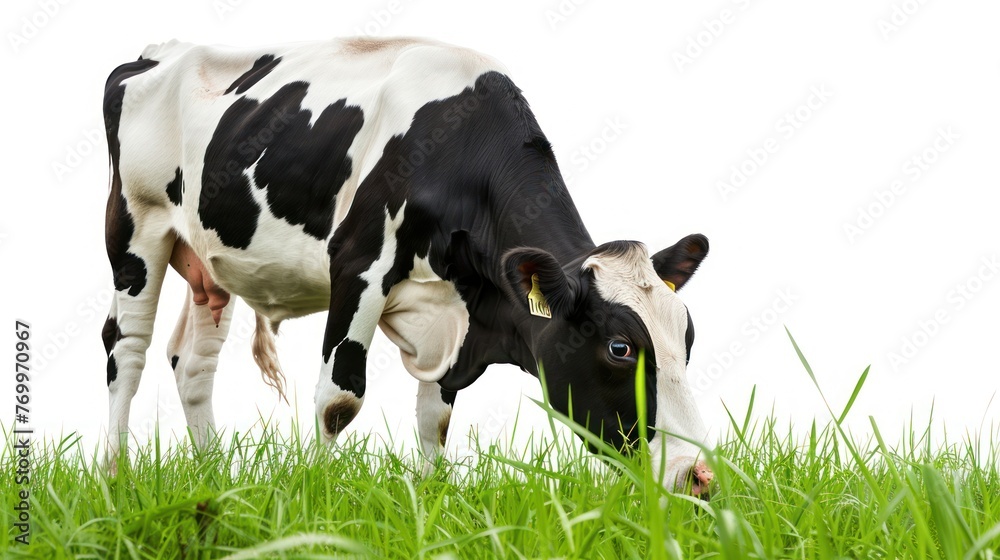 dairy cows in field on rural farm, ,Farm Black and white cow standing and eating grass on green pasture,