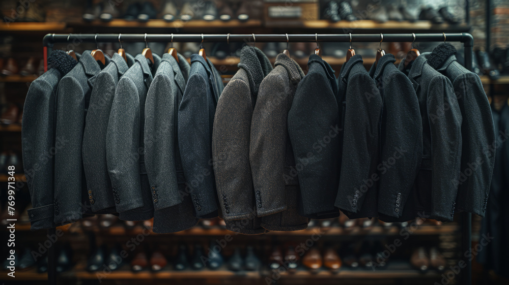 front shot, suits on rack left and right in the background, grey background, minimal,generative ai front shot, suits on rack left and right in the background, grey background, minimal,generative ai