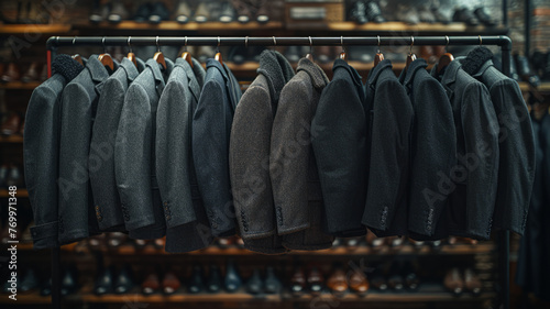 front shot, suits on rack left and right in the background, grey background, minimal,generative ai