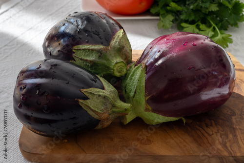Raw young eggplants vegetable from organic vegetables farm on Fuerteventura island, Canary islands, Spain