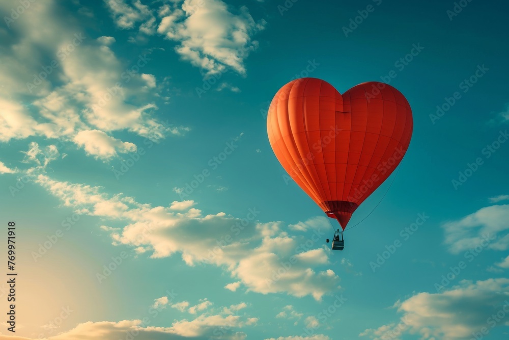 Fototapeta premium A heart shaped balloon is seen soaring through the sky against a background of clouds, A heart-shaped hot air balloon soaring in the sky, AI Generated