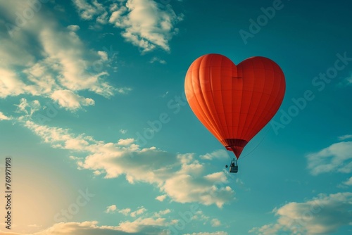 A heart shaped balloon is seen soaring through the sky against a background of clouds, A heart-shaped hot air balloon soaring in the sky, AI Generated
