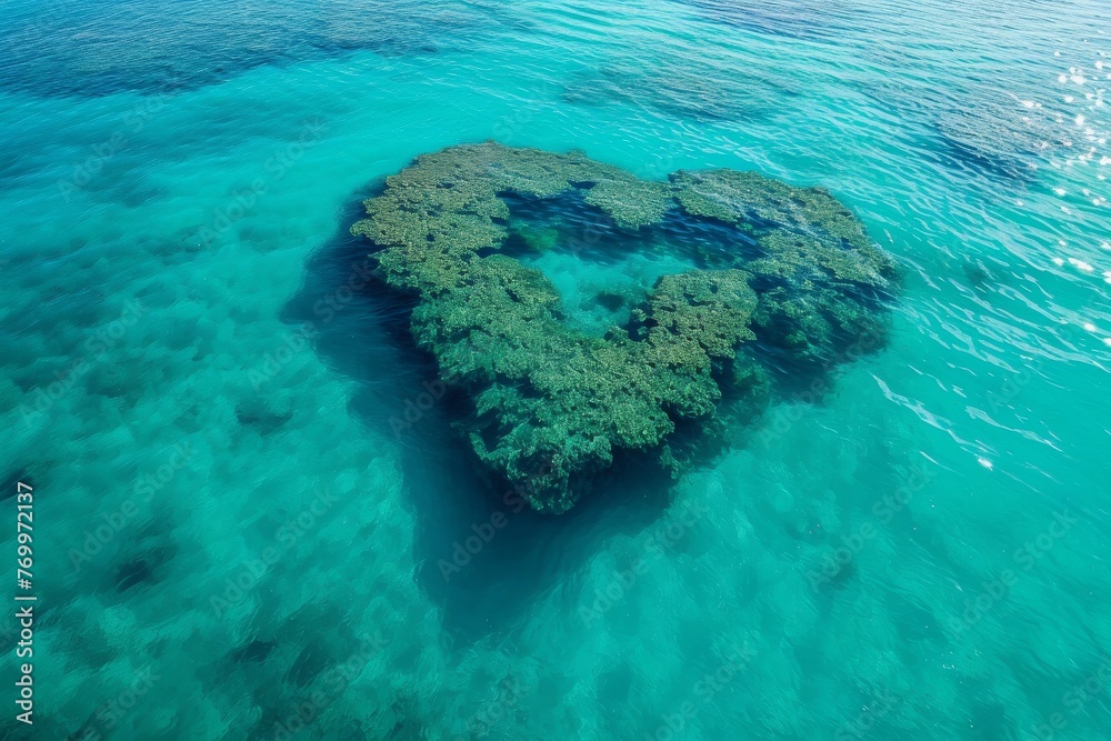 A heart-shaped object floats gracefully on top of a body of water, creating a striking visual contrast, A heart-shaped reef in crystal clear tropical waters, AI Generated
