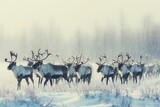 A large group of reindeer walking across a field covered in a layer of snow, A herd of reindeer in a shimmering, snowy field, AI Generated