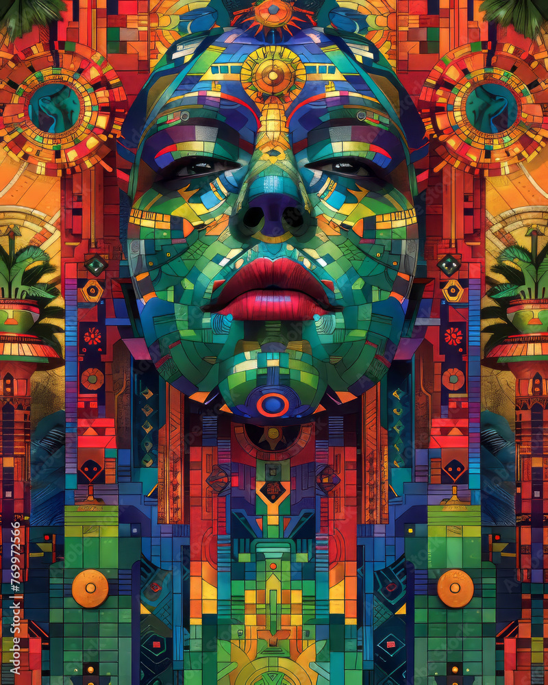 Fototapeta premium create a jungle scene with symetrical geometry, steampunk vibes with blue green and yellow and red cartoon colors, spiritual vibes,generative ai
