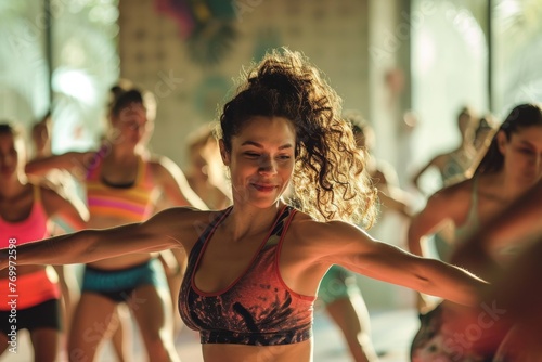 Group of Women Engaged in a Dance Class, A highly charged Zumba class with lively atmosphere, AI Generated