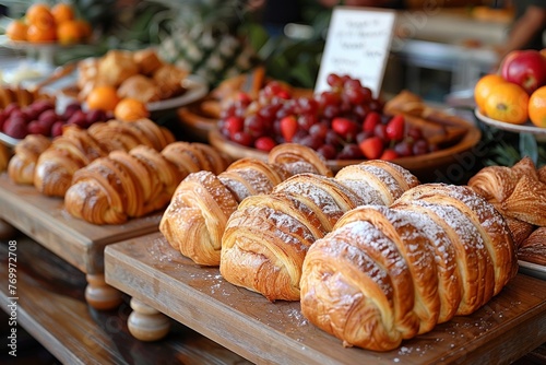 Bakery store showcasing a variety of freshly baked goods including bread, pastries, and croissants