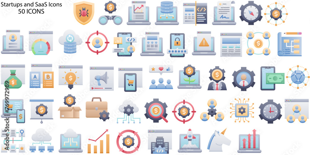 Startup colored icons set - vector start up creative symbols or design elements