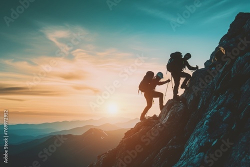 A team of climbers ascending the steep slopes of a mountain, navigating their way up while conquering the challenging terrain, A hiker boosting their friend to conquer the mountain, AI Generated