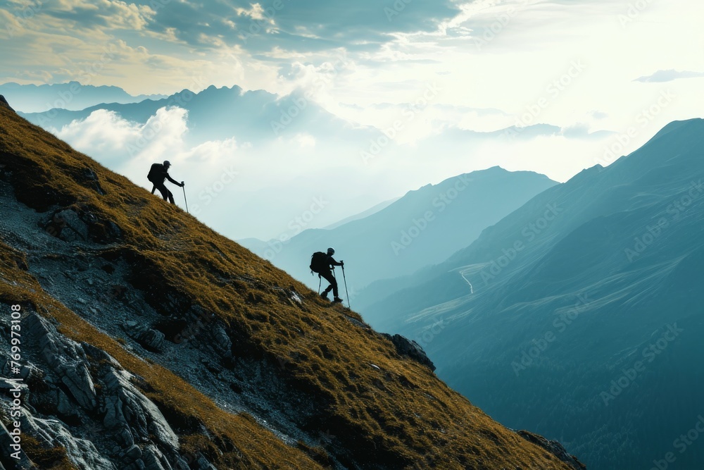 Two individuals are seen climbing up the steep slope of a mountain together, A hiker pulling their friend up a steep mountain slope, AI Generated