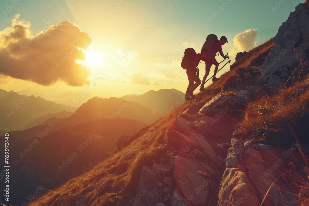 Two individuals engaged in the physical activity of climbing up the rugged terrain of a mountain, A hiker pulling their friend up a steep mountain slope, AI Generated