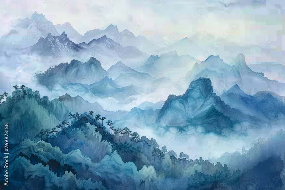 A painting of mountains with a blue sky and trees