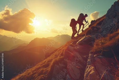 Two individuals engaged in the physical activity of climbing up the rugged terrain of a mountain, A hiker pulling their friend up a steep mountain slope, AI Generated © Ifti Digital