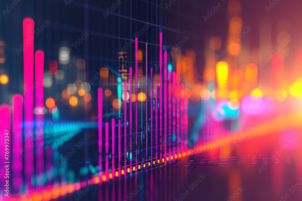This photo captures the lights and buildings of a city at night, creating a blurry and surreal atmosphere, A histogram indicating frequency of certain stock trades, AI Generated - obrazy, fototapety, plakaty 