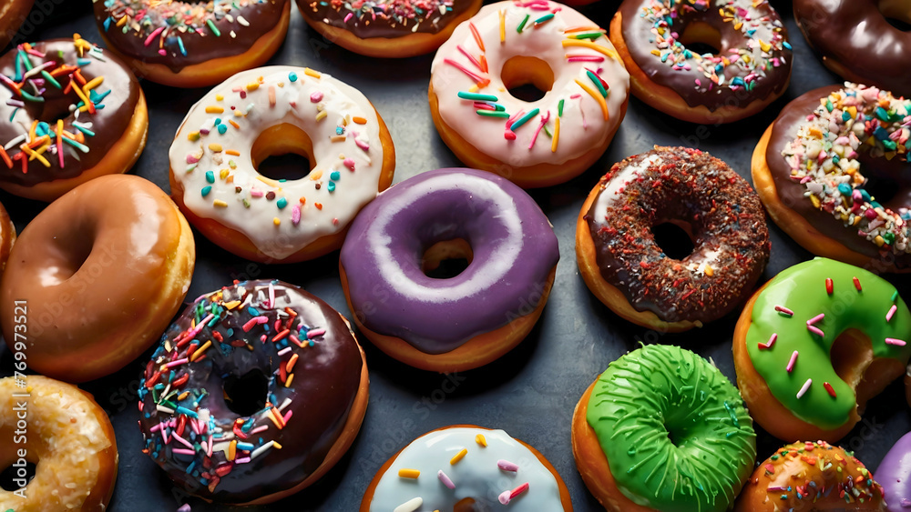Different donuts with different glazes, from sugar, cream, jam and more. Different donuts with different glazes, from sugar, cream, jam and more.