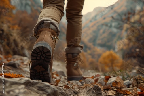 A man goes on a hiking trip through the mountains. View of feet in boots. Travel and active holiday concept