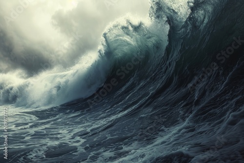 A powerful, towering wave rises in the middle of the vast ocean as it crashes against its own momentum, A hyper-realistic iconic view of a giant wave about to crash, AI Generated