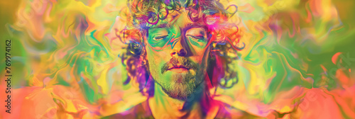 A man with curly hair and closed eyes is surrounded by a vibrant, psychedelic aura of swirling colors.
