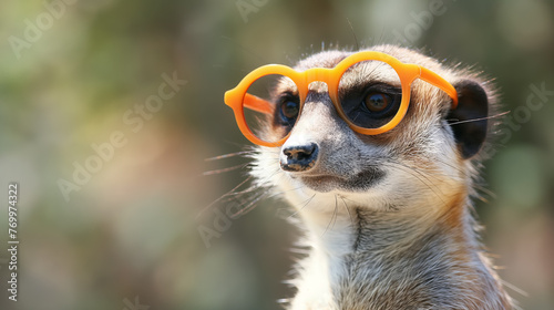 A curious meerkat with endearing eyes wears a pair of orange sunglasses, adding a humorous touch to its vigilant stance.