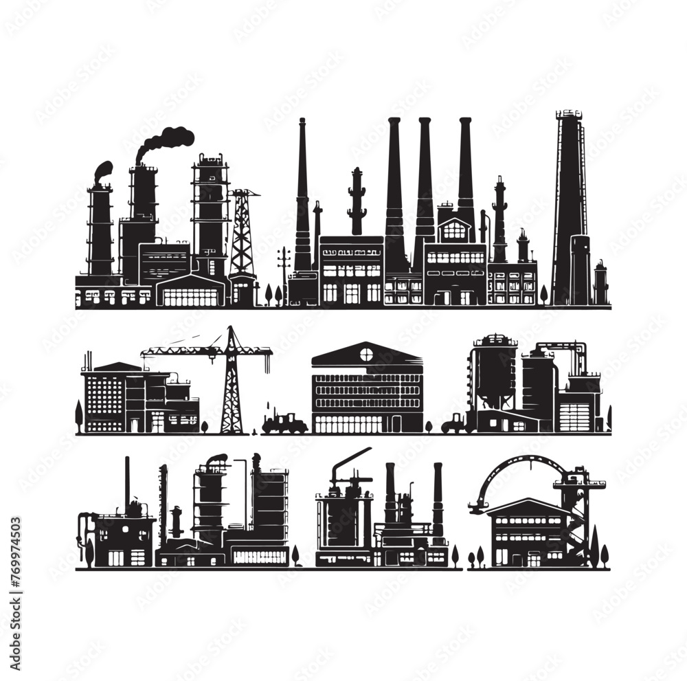 Industrial buildings icons vector silhouette set illustration