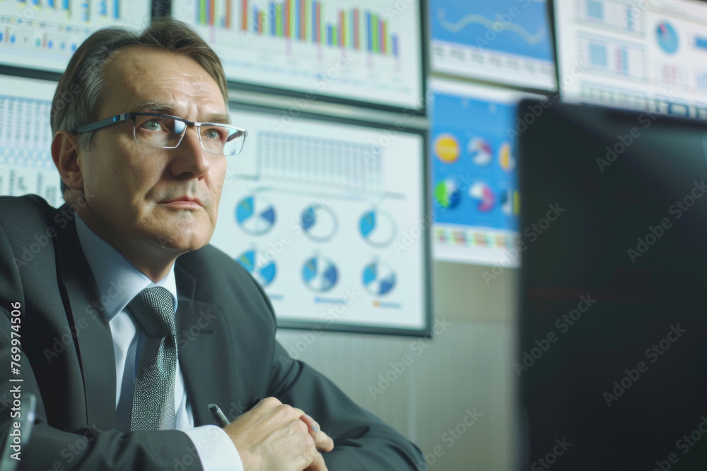 Portrait of mature businessman in front of computer monitor with financial charts
Portrait of mature businessman in front of computer monitor with financial charts